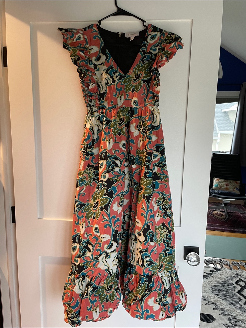 Cleobella Coral Floral V-Neck Maxi Dress with Green and Navy Accents
